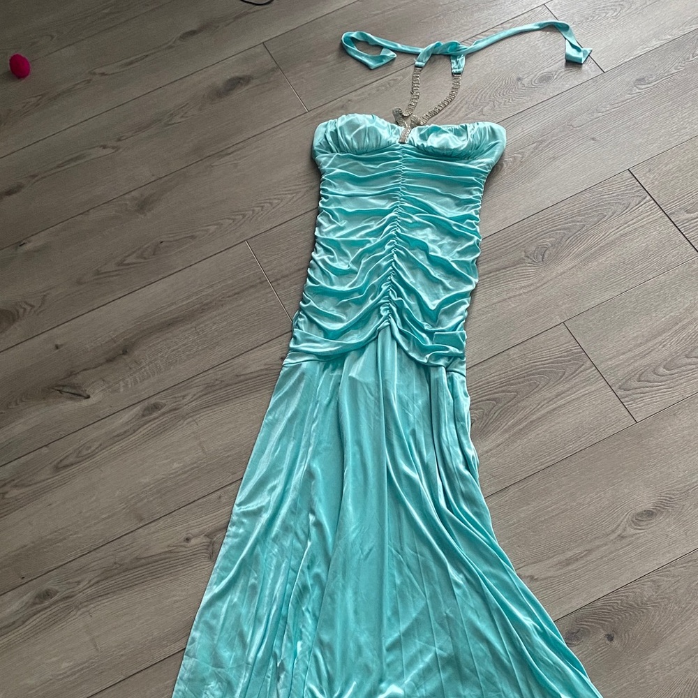 Y2k Aqua Strapless prom gown dress